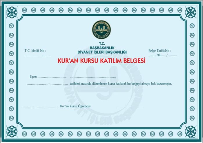 Yaz Kur’an kursu katılım belgesi