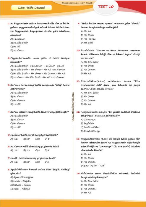 Peygamberimizin (a.s.m) Hayatı Test Soruları